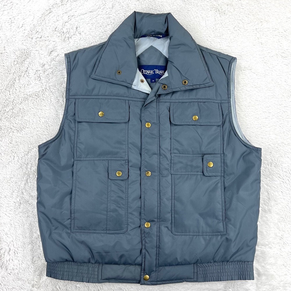 Ozark Trail Puffer Vest Mens MEDIUM Gray Quilted 7 POCKETS Utility Hike VINTAGE
